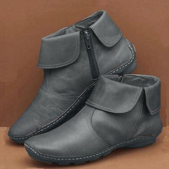 Damen nan knöchelhohe Lederoptik-Stiefelette mit umlegbarer Manschette und seitlichem Reißverschluss EB