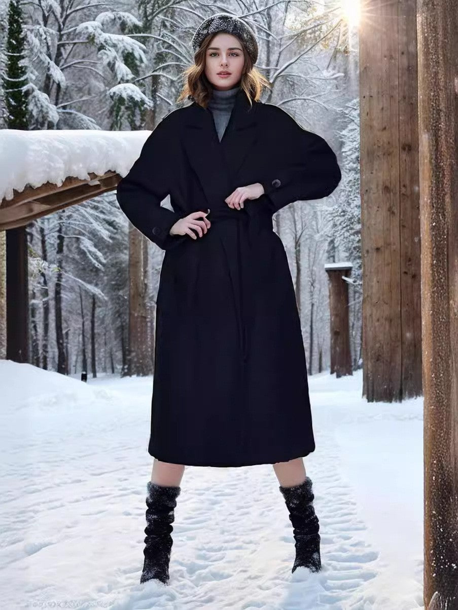 Damen eleganter Wollmantel mit Gürtel und weit geschnittenen Ärmeln EB