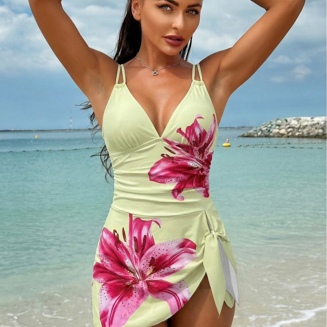 Damen Eleganter Badeanzug mit floralem Design und seitlichem Knoten EB