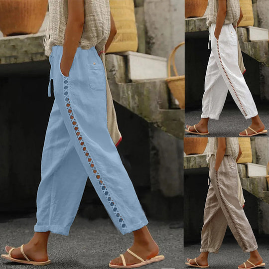 Damen Leinenhose mit seitlichen Spitzenakzenten und lässigem Schnitt EB