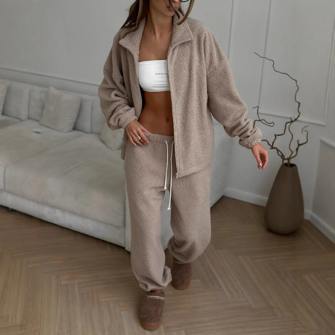 Damen oversized Teddy-Fleece Hausanzug mit Reißverschlussjacke und Jogginghose EB
