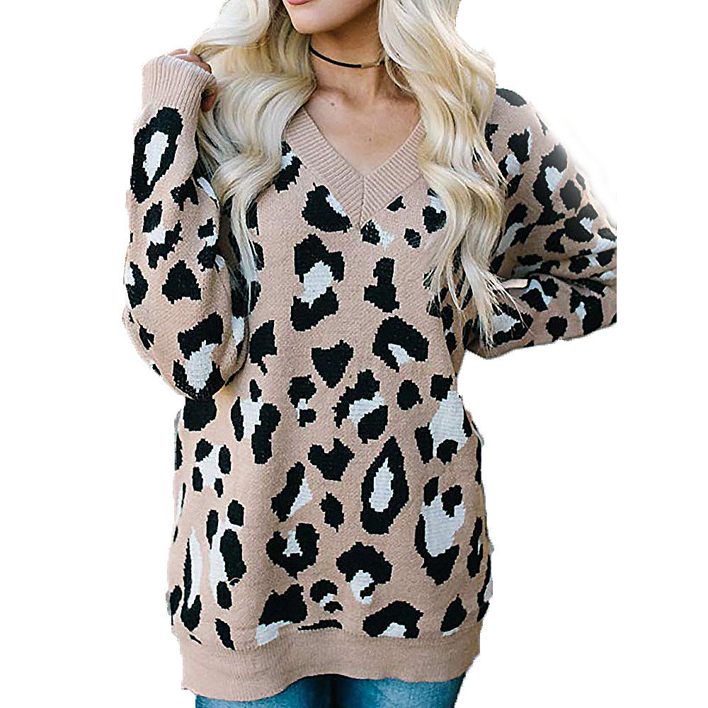 Damen Pullover mit Leopardenmuster und V-Ausschnitt EB