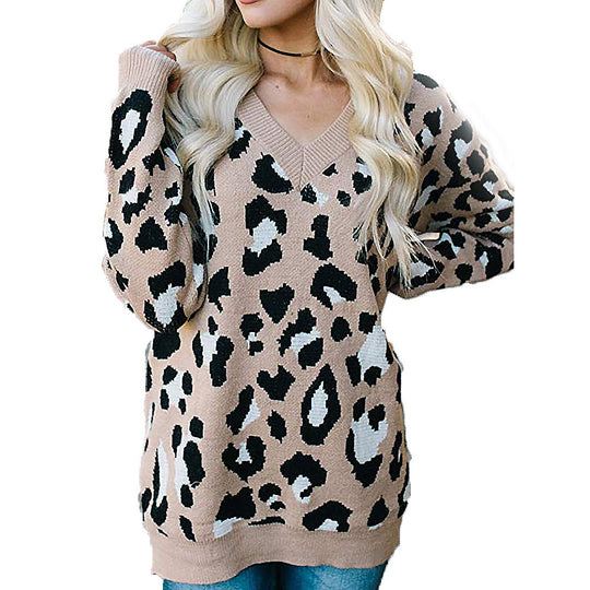 Damen Pullover mit Leopardenmuster und V-Ausschnitt EB