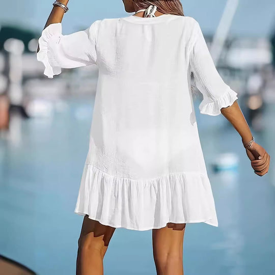 Damen Hemdblusenkleid mit schwingendem Volant und elegantem V-Ausschnitt EB