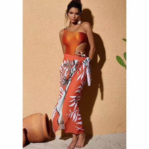 Damen Einteiler Badeanzug mit asymmetrischem Schnitt und floralem Wickelrock EB