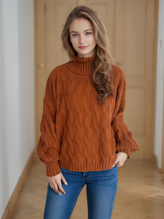 Damen Strickpullover mit hohem Kragen und strukturierter Zopfoptik EB