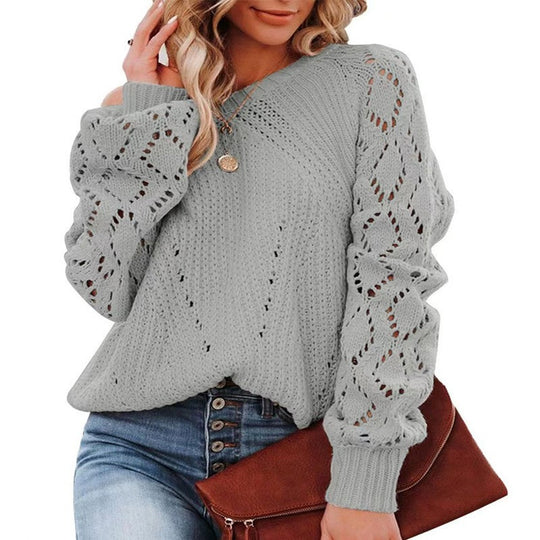 Damen Strickpullover mit romantischem Lochmuster und weiten Ärmeln EB