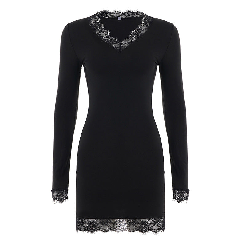 Damen nan figurbetontes Langarm-Midikleid mit tiefem V-Ausschnitt und floraler Spitzenkante EB