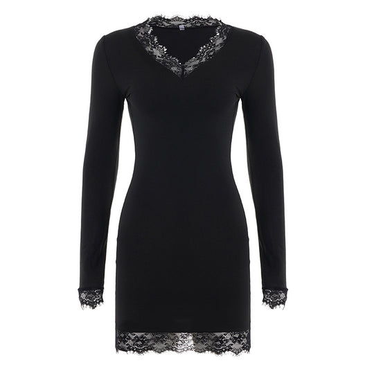 Damen nan figurbetontes Langarm-Midikleid mit tiefem V-Ausschnitt und floraler Spitzenkante EB