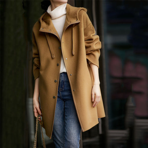 Damen nan midilanger Wollmixmantel mit Kapuze und Druckknopfleiste im Oversize-Schnitt EB