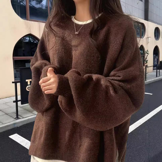 Damen Oversized Strickpullover mit weichem Fleece-Material und modernen Schnittelementen EB