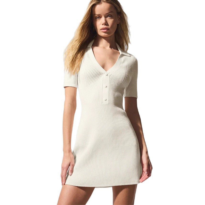 Damen Kurzarm Strickkleid mit Polo-Kragen und Knopfleiste EB