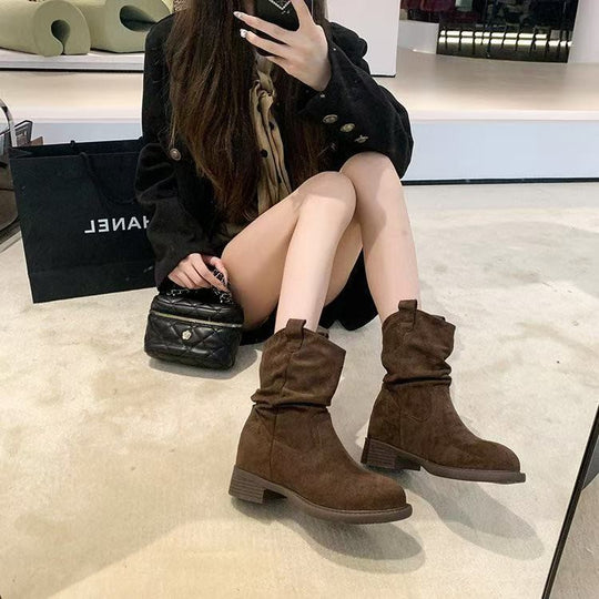 Damen Modische Stiefeletten mit lässigem Falten-Design und bequemem Blockabsatz EB