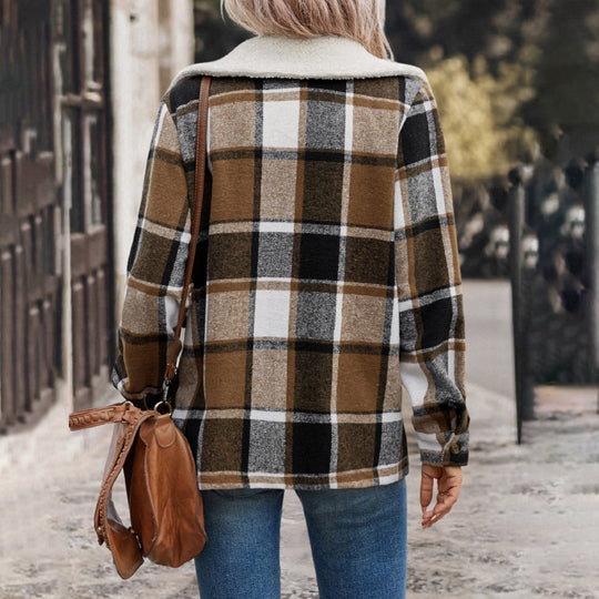 Damen Karierte Flanelljacke mit sanftem Kragen EB