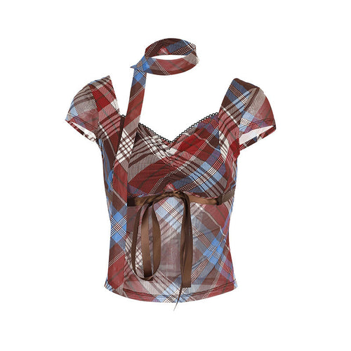 Damen Elegantes Karomuster-Bluse mit verstellbarem Bindegürtel und Spitzenakzenten EB