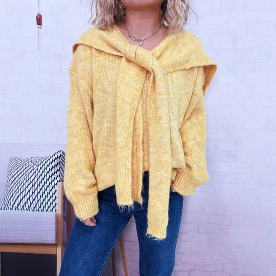 Damen lässiger Strickpullover mit abnehmbarer Kapuze und Knopfdetails EB