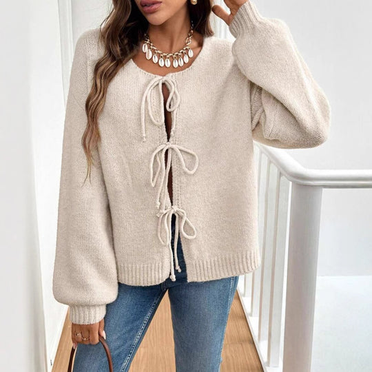 Damen Kurzcardigan mit Bindebändern, Oversize‑Silhouette und Ballonärmeln EB