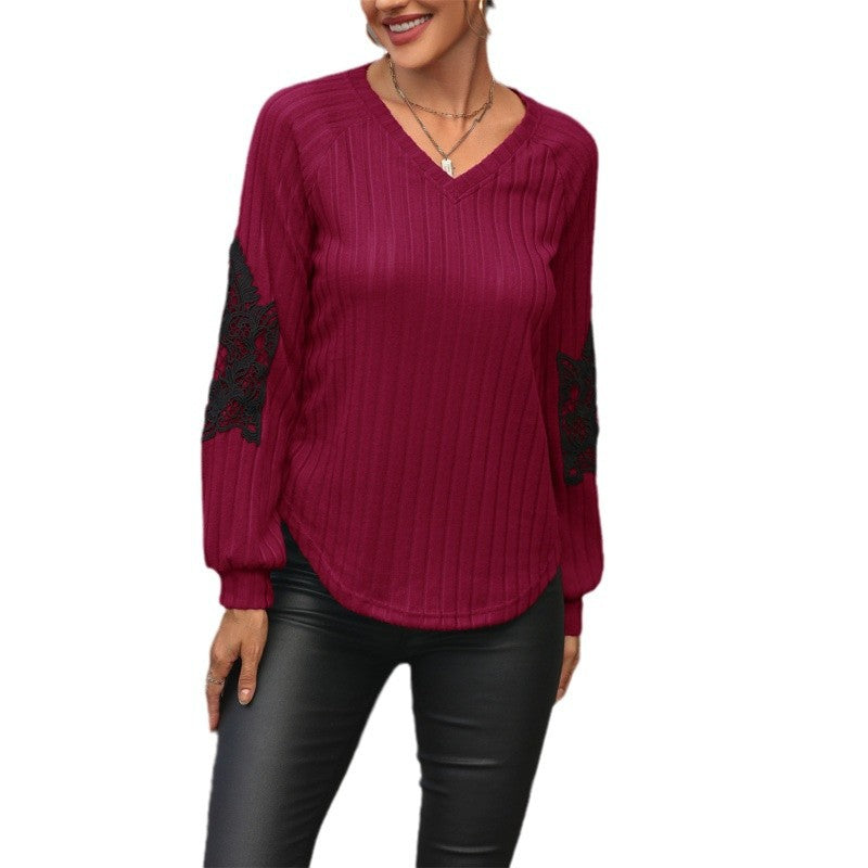 Damen V-Ausschnitt Pullover mit eleganten Spitzenärmeln und Rippstruktur EB