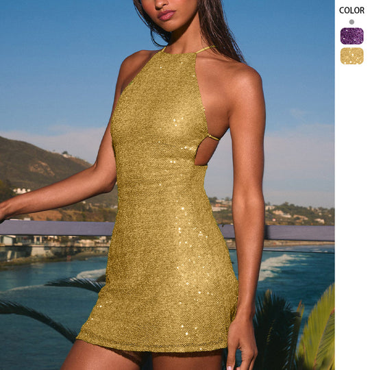 Damen Glitzerndes Cocktailkleid mit hochgeschlossenem Design und Cut-Outs EB
