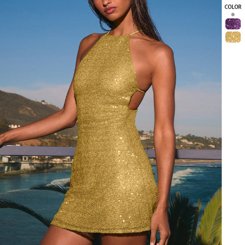 Damen Glitzerndes Cocktailkleid mit hochgeschlossenem Design und Cut-Outs EB