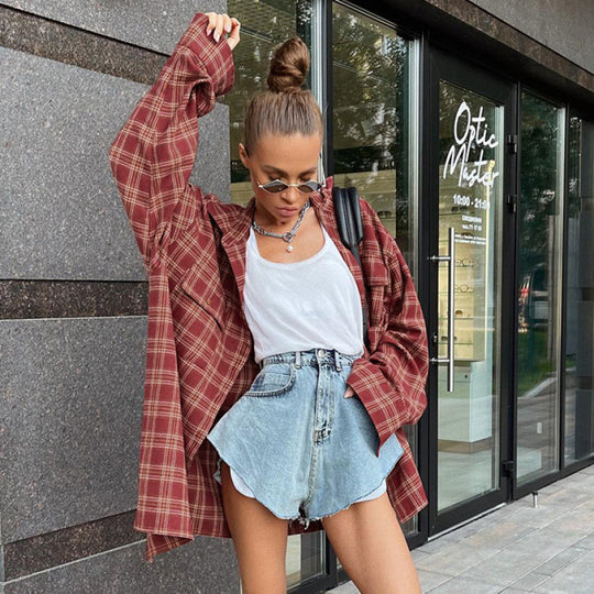 Damen Lässige kariertes Oversize-Hemd EB