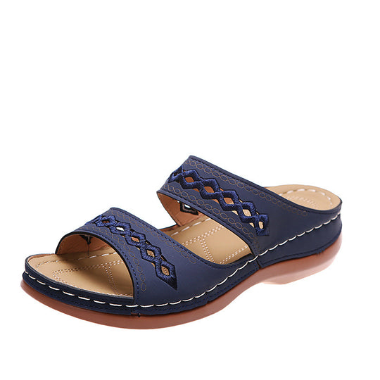 Damen Komfort-Sandalen mit doppeltem Riemen, Stickerei und gepolstertem Fußbett EB