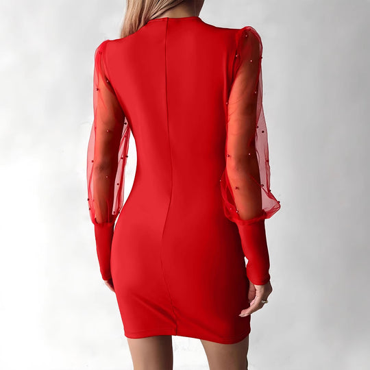 Damen Wickelkleid mit transparenten Puffärmeln und glitzernden Detals EB