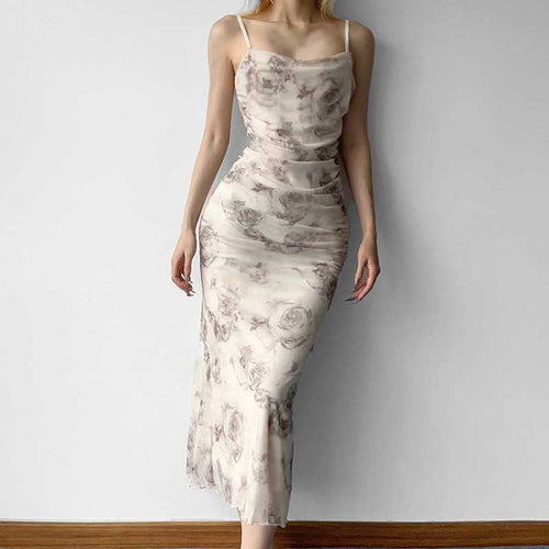 Damen elegantes Maxikleid mit raffinierten Rüschendetails und floralem Druck EB