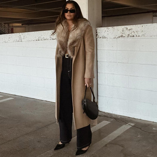 Damen Eleganter Trenchcoat mit gemütlichem Faux-Fur-Kragen und taillierbarem Gürtel EB