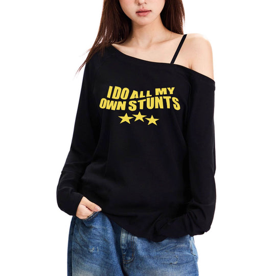 Damen nan lässiges asymmetrisches Off-Shoulder Langarmshirt mit auffälligem Statement-Print und lockerer Oversize-Passform EB