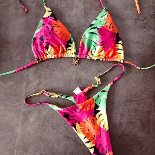 Damen Triangel-Bikini mit tropischem Blättermuster EB