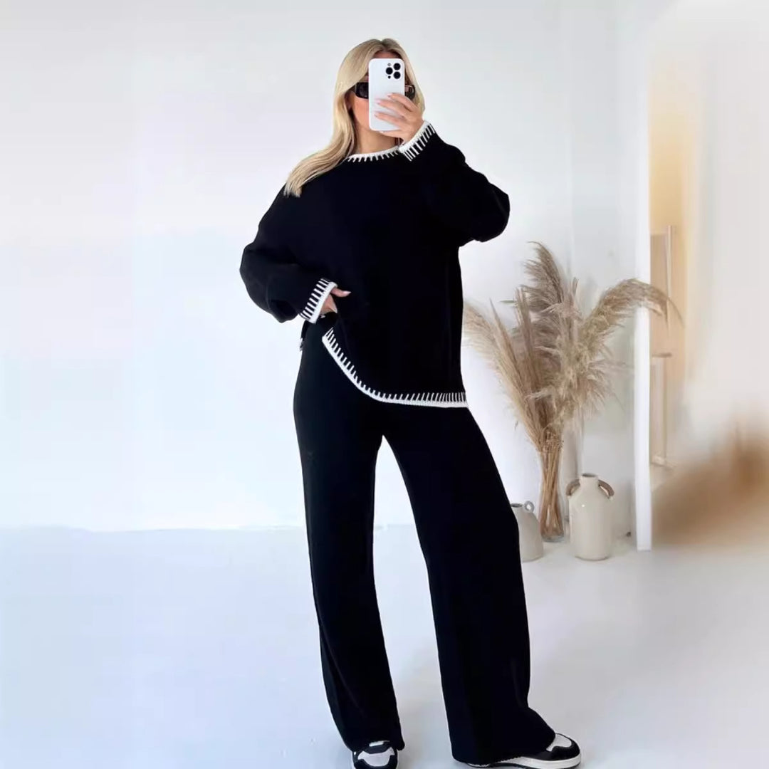 Damen nan lässiger Strick-Hausanzug mit Oversize-Pullover und weiter Strickhose EB