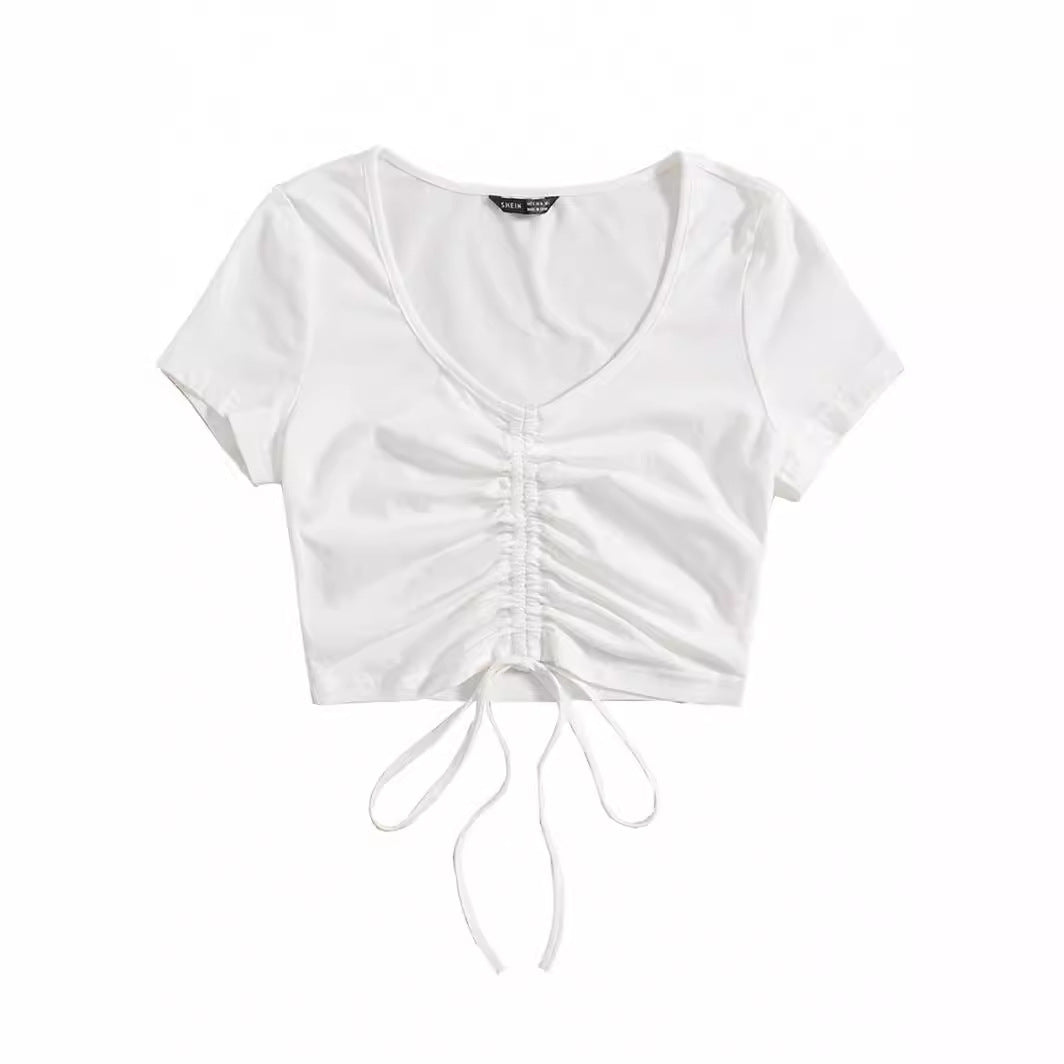 Damen Cropped Top mit raffinierten Rüschendetails und Kordelzug EB