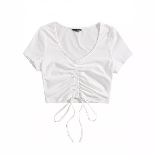 Damen Cropped Top mit raffinierten Rüschendetails und Kordelzug EB