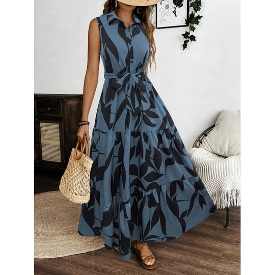 Damen Maxi-Kleid mit maskulinem Blätterdruck und tailliertem Gürtel EB