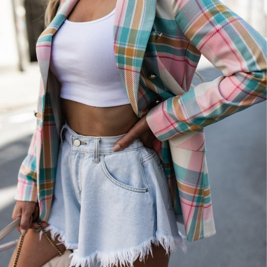 Damen Trendy Karomuster Blazer EB