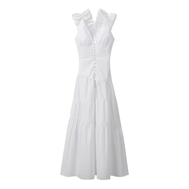Damen Maxikleid mit schwingendem Rüschendesign und elegantem V-Ausschnitt EB