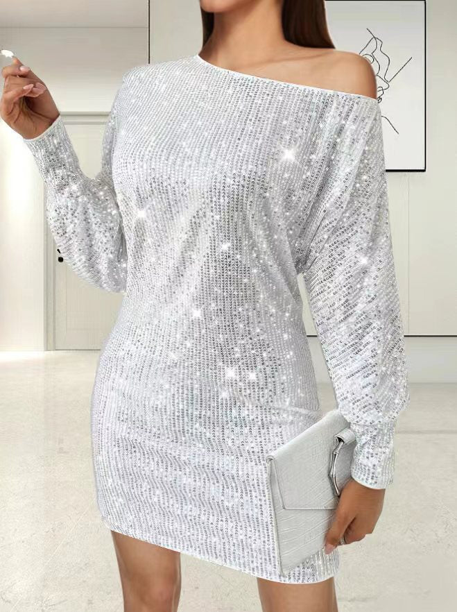 Damen Glamouröses Minikleid mit asymmetrischem Schulterdesign und Funkeleffekten EB