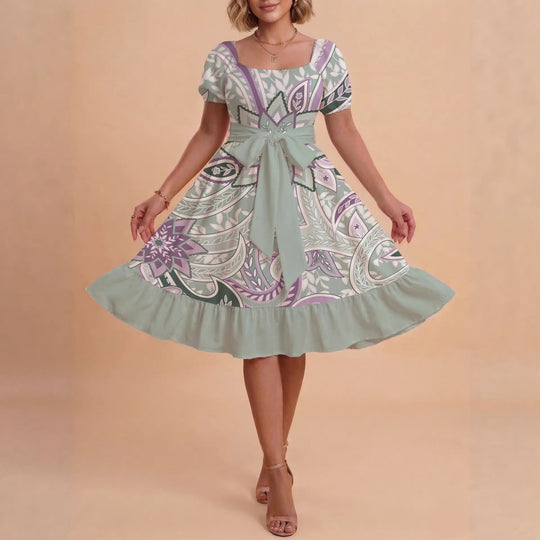 Damen modernes Blumenkleid mit elegantem Taillengürtel und asymmetrischem Saum EB