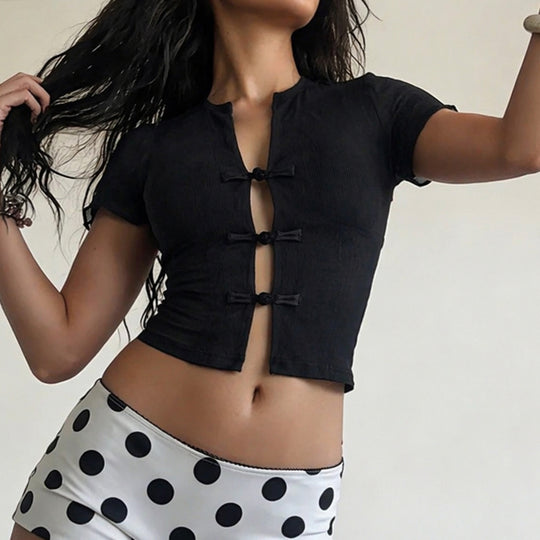 Damen Kurzarm Oberteil mit edlen Knopfdetails EB