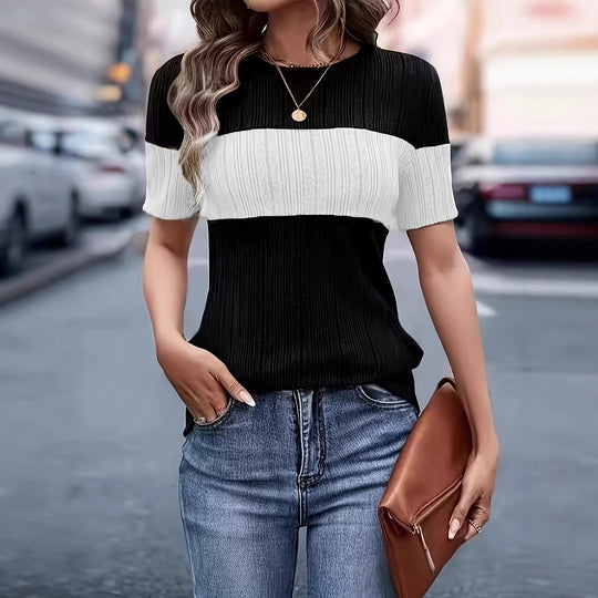 Damen Kurzarmpullover mit modernem Blockstreifenmuster EB