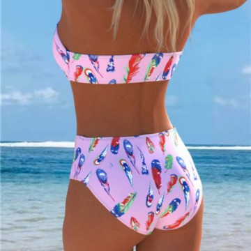Damen Bandeau-Bikini mit einzigartigem Federmuster und hohem Taillenschnitt EB