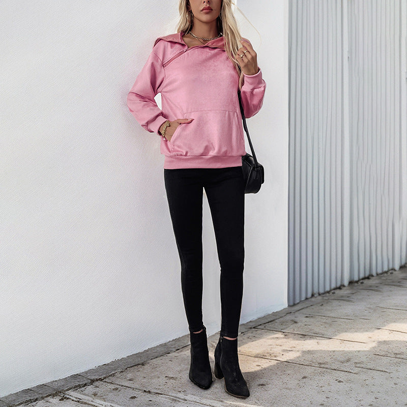 Damen Samt-Hoodie mit Reißverschluss am Kragen und Kängurutasche EB