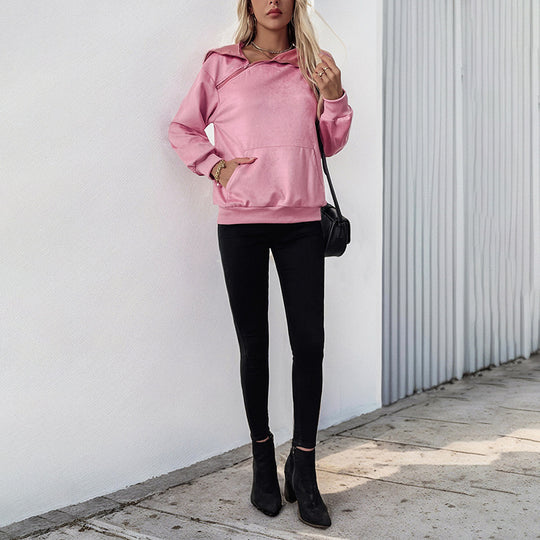 Damen Samt-Hoodie mit Reißverschluss am Kragen und Kängurutasche EB