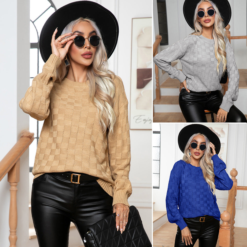 Damen lässiger Strickpullover mit Karomuster und weit ausgestellten Ärmeln EB