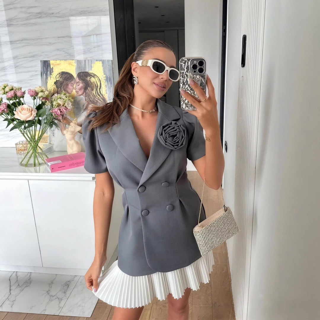 Damen eleganter Blazer mit Puffärmeln und floralem Detail EB