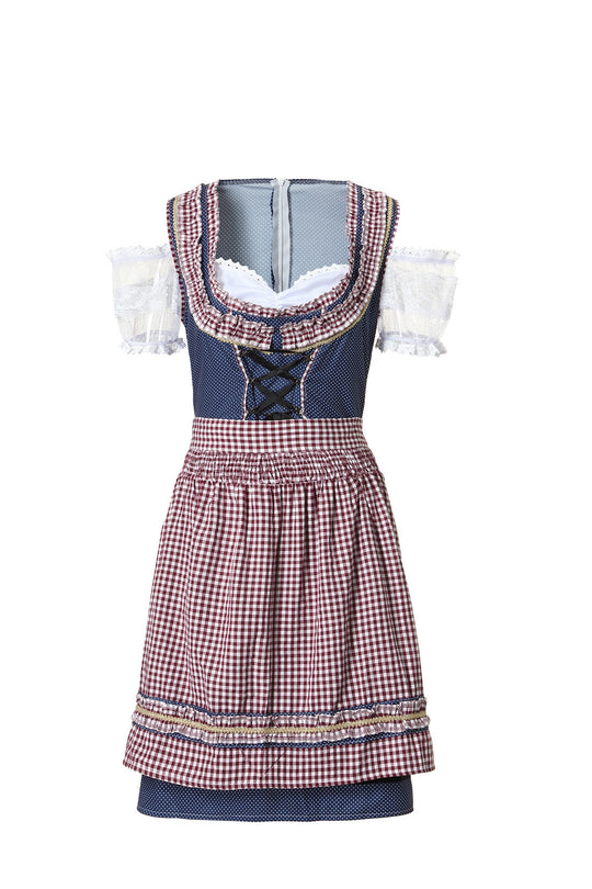 Damen nan traditionelles Trachtenkleid mit Schnürmieder, Spitzenärmeln und karierter Schürze EB