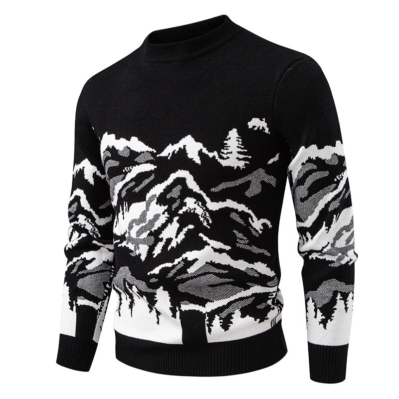 Herren Strickpullover mit Bergmotiv und hohem Kragen EB