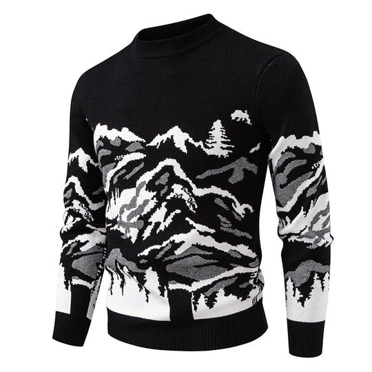 Herren Strickpullover mit Bergmotiv und hohem Kragen EB