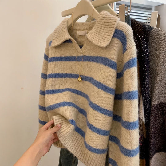 Damen nan kuscheliger Oversize-Strickpullover mit Polokragen und breiten Streifen EB